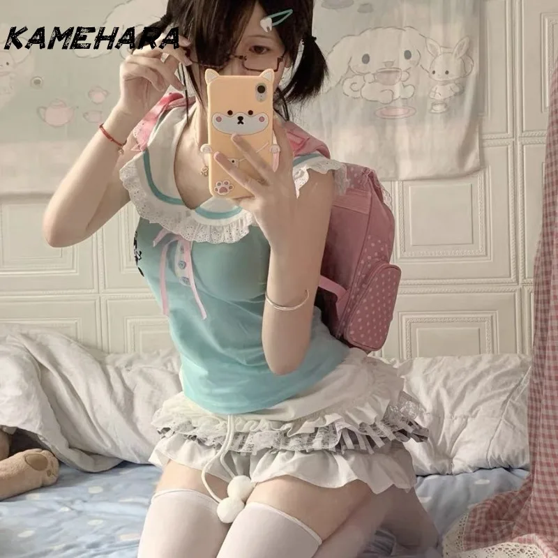 

KAMEHARA Ins японская милая короткая майка без рукавов с воротником в сложенном виде, модная мягкая футболка с открытой спиной для девочек Y2k с вышивкой,.اب Wee