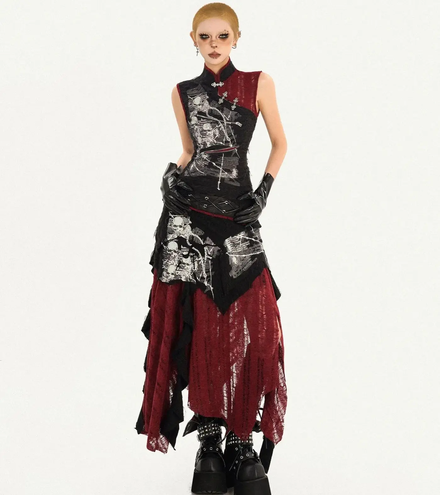 Gothic Dark Black Red Vintage Slim Chinese Qipao Blouse and Long Skirt Set Retro Punk Gothic Skeleton Print Skirt Set 2pcs Set