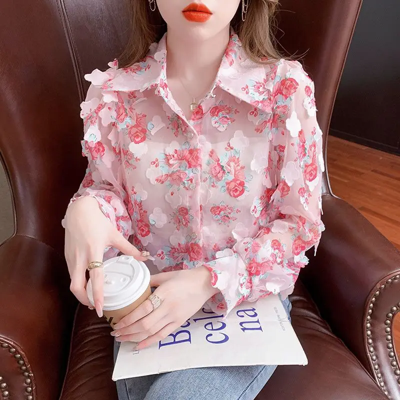 Fashion Broken Flowers Printed Blouse Female Clothing Sweet Floral Patch Designs Spring Autumn Commute Single-breasted Shirt New