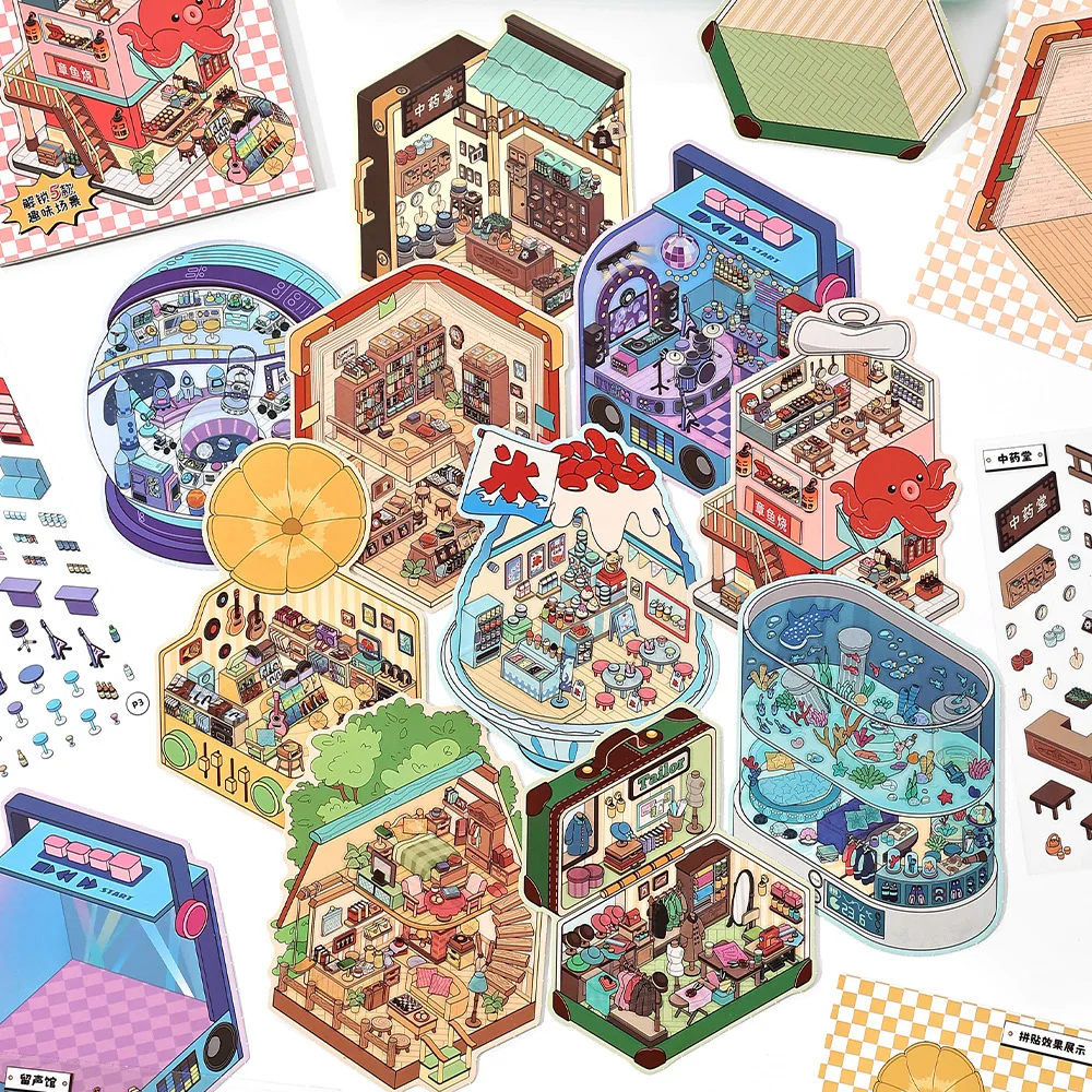 Kawaii Cartoon  Shop 2.5D 3D Visual Miniature Scene Sticker Collection DIY Handmade Pocket House Children's Festival Gift