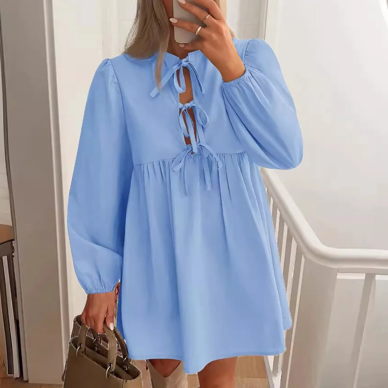 2024 Elegant Long Sleeve Autumn New In Dresses For Women Bow Design Loose Short Dress Women A-Line Party Mini Dress Vestidos