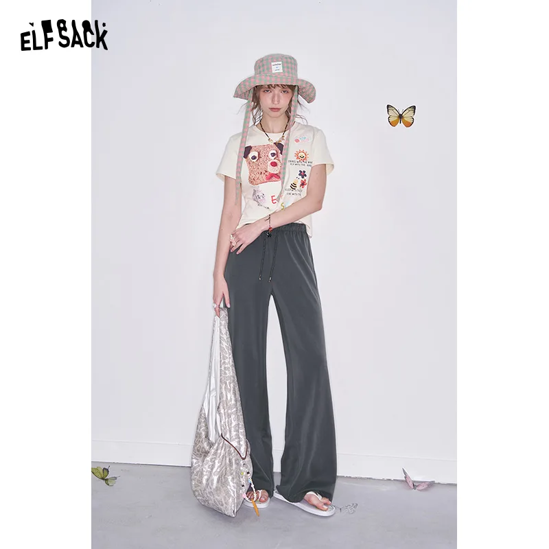 ELFSACK 2025 Spring New Arrivals Y2K Retro Grey High Waist Drawstring Straight Pants Women Loose All-match Sweatpants