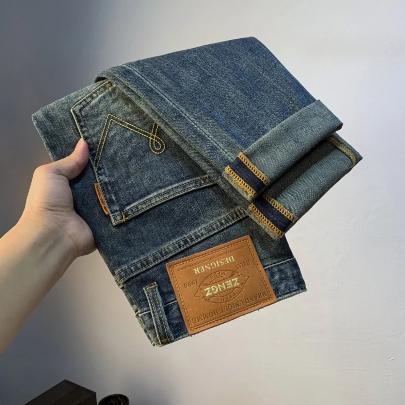 Jeans high-end lavado, calça justa masculina, bordada skinny, stretch, retrô, nova moda, primavera e outono, 2024