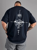 Summer men's 100% pure cotton casual sports loose oversized retro compass printed comfortable round neck short sleeved T-shirt