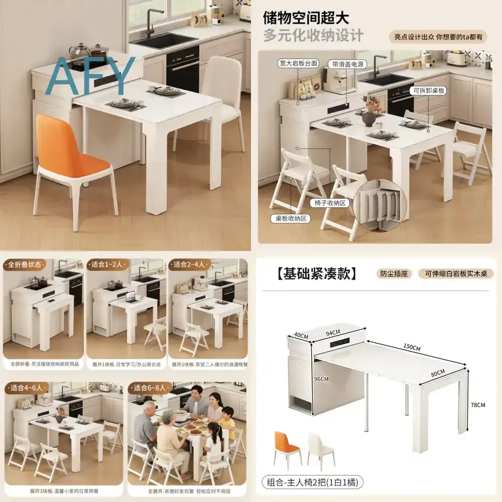 Small Apartment Solid Wood Rock Slab Island Dining Table for Modern Home for Retractable Cream Multi Functional Dining Table