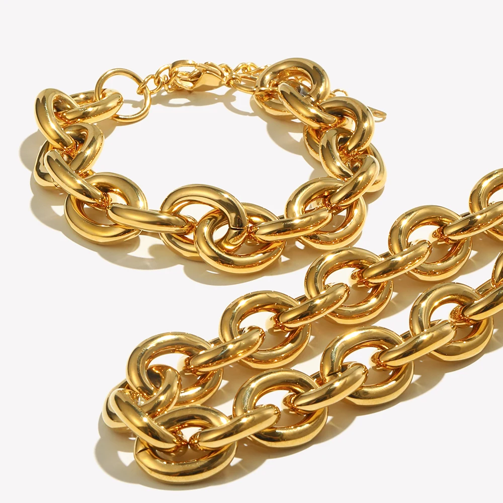 E.B.belle Exaggerated Stainless Steel Tarnish Free Chunky O Chain Gold Choker Necklace Bracelet Jewelry Set Statement Necklace