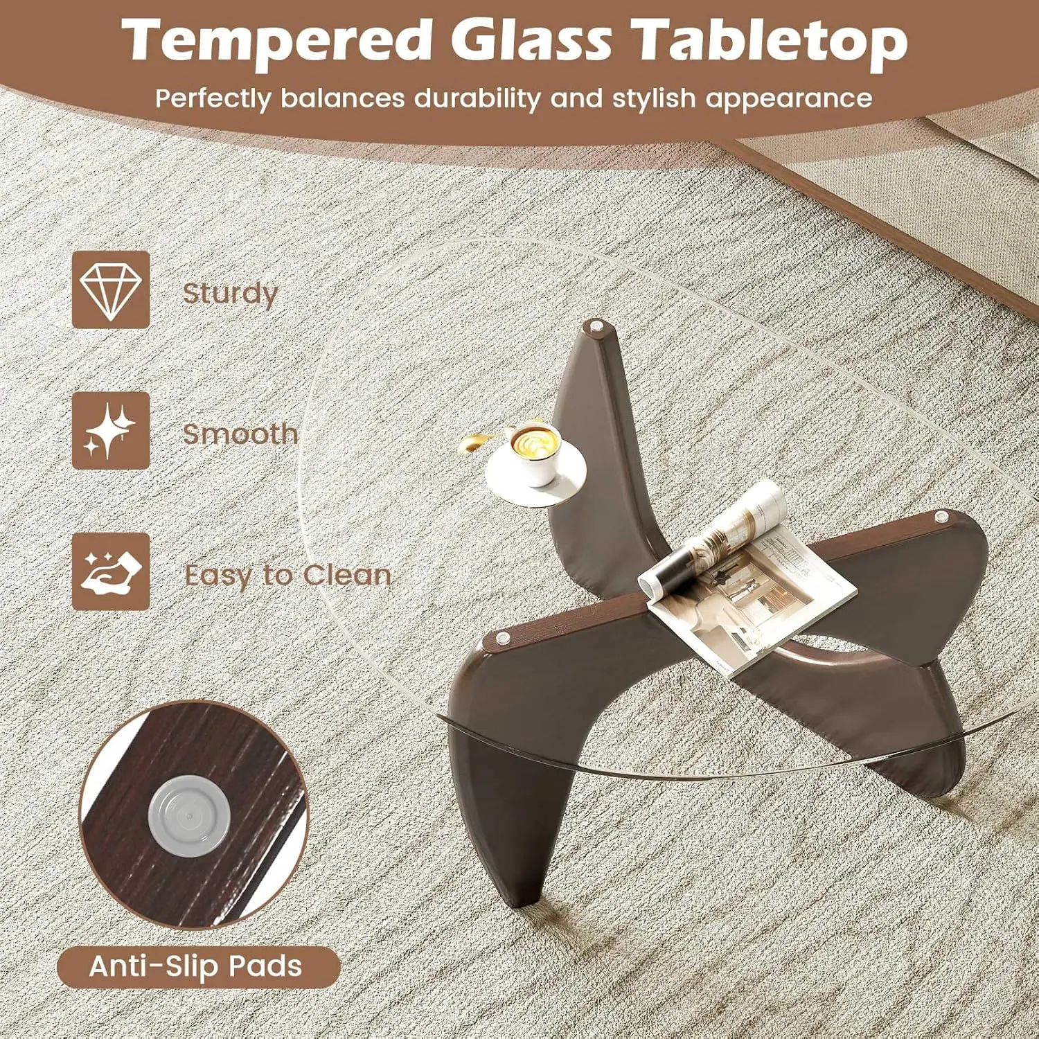 Mesa de Centro de Vidrio Triangular, Mesa de Centro Moderna de Mediados de Siglo con Tapa de Vidrio Templado y Base Ajustable de Madera de Caucho, Personalizable