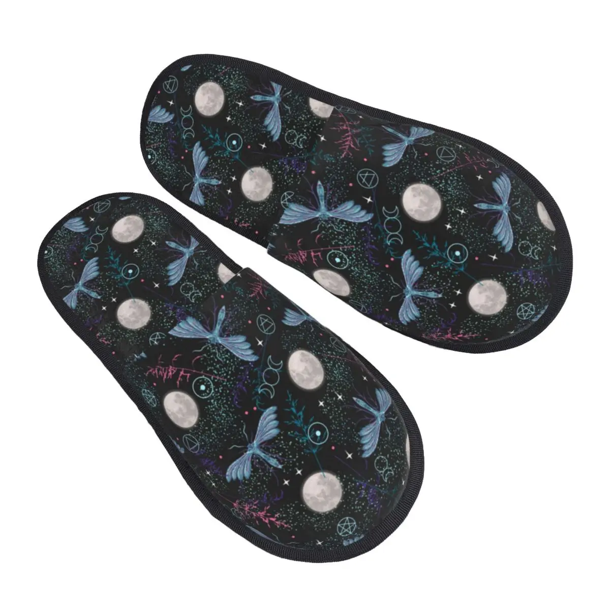Plush Indoor Slippers Night Full Moon Stars Butterfly Moth Blades Of Grass Dust Warm Soft Shoes Home Footwear Autumn Winter