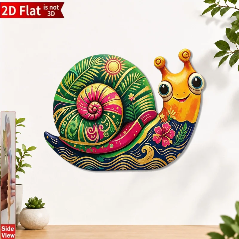 CIFBUY 1pc 2D Flat Painted Metal Wall Hanging, Tropical Cute Big-Eye Snail Design with Sun Palm Hibiscus Wave Pattern,