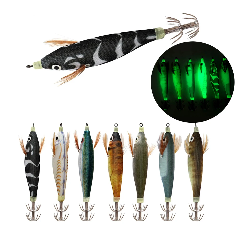 2pcs Luminous Shrimp Squid Jig Fishing Lure 10cm 9g Artificial Wood Shrimps Fishing Squid Hook Cuttlefish Lures Octopus Bait