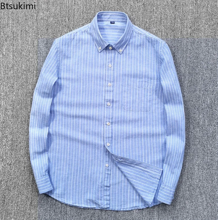 High-Quality Cotton Linen Men's Long Sleeved Shirt Comfort Breathable Classic Plaid Regular Fit Casual Business Social Shirts
