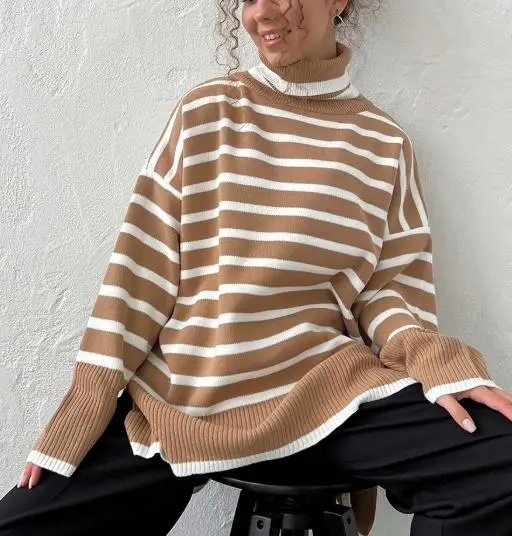 

Полосатый свитер с высоким воротом для женщин осенью и зимой, новинка 2025 года, пуловер с высоким воротом, вязаный свитер, универсальный свободный свитер