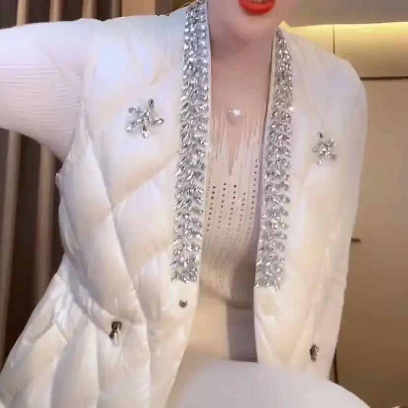 الفاخرة البريق الماس الخريف الشتاء المرأة سليم صالح سترة سترة القطن سترة مبطنة الإناث أكمام صدرية دافئة القمم