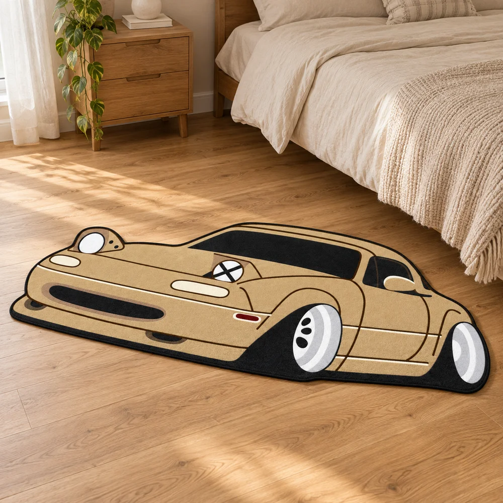 Tan Roadster Shaped Rug Retro Sports Car Floor Mat for Garage Game Room Bedroom Living Room Dorm Auto Fan Home Decor Gift Idea