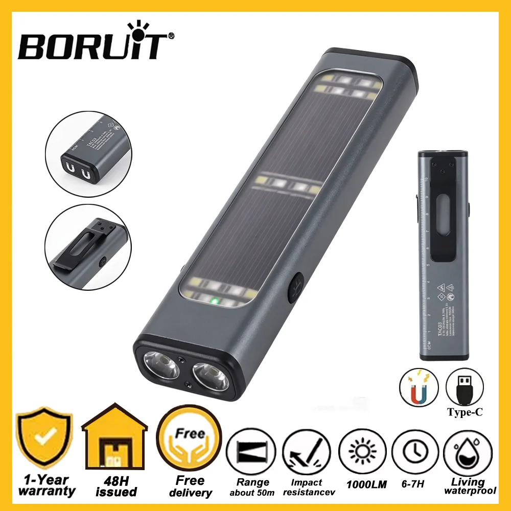 BORUiT 1000LM Portable Torch USB Solar Rechargeable Aluminum Alloy Flashlight with Magnetic Clip Outdoor Working Light