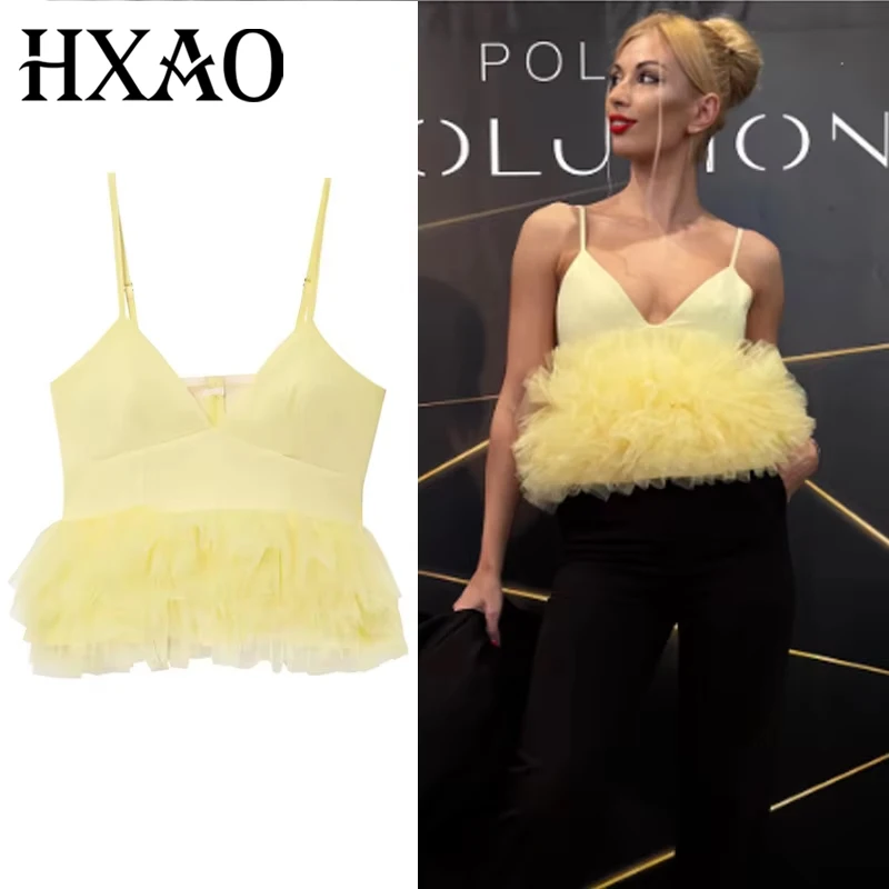 HXAO Sommer Gelb Crop Top Frauen Korsett Tüll Sexy Tops Für Frau Puffy Ärmellose Backless Mesh Leibchen Top Weibliche 088