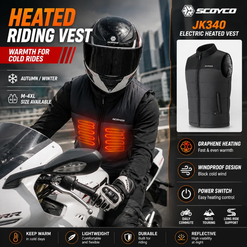 SCOYCO JK340 Electric Heated Motorcycle Vest Graphene Thermal Windproof Warm Riding Vest for Autumn Winter Moto Touring