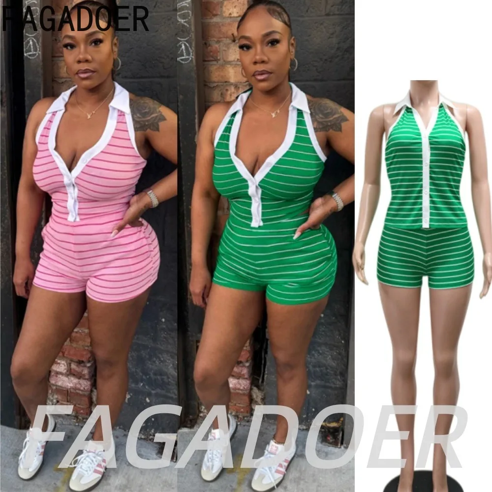 

FAGADOER Fashion Striped Bodycon Shorts Two Piece Sets Summer Sexy White Patchwork Halter Crop Top and Skinny Shorts Outfits New