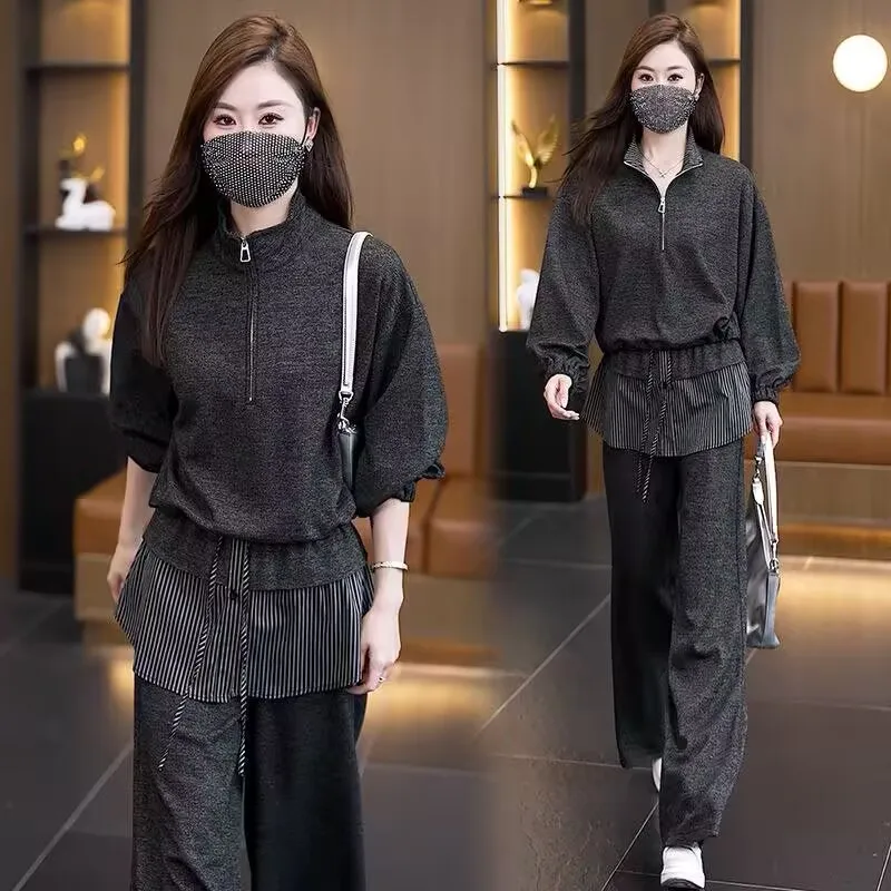 Fashionable Women's 280g Cashmere-Like Set with Stand Collar Sweatshirt And Wide Leg Pants Striped Two-Piece Suit for Spring ...