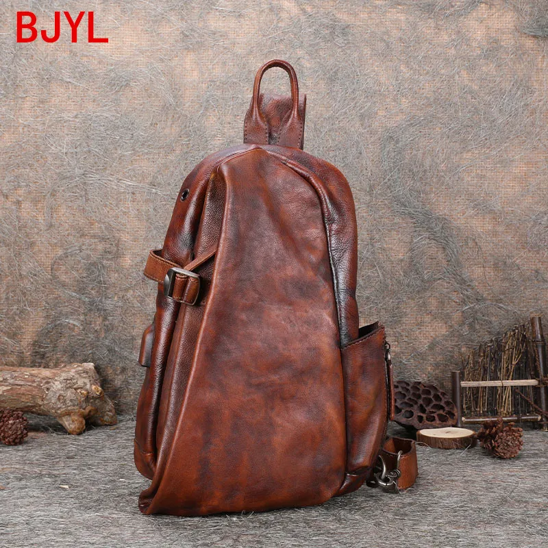 Leather Chest Bag Men\'s Handmade Messenger Shoulder Bag Zipper Business Men Chest Pack Retro Soft Leather First Layer Leather