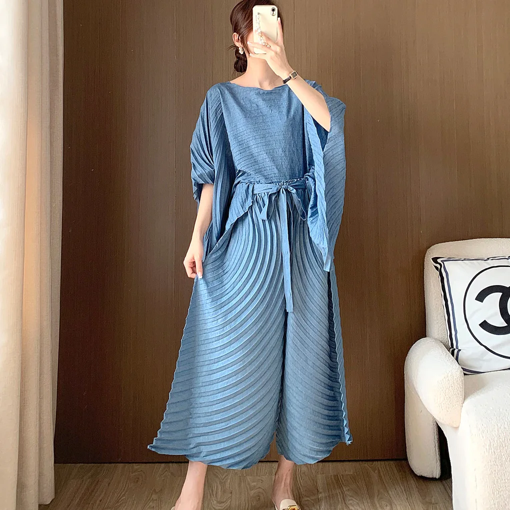 

Miyake Fashion Personality Pleated Suit Women Clothing High Sense Loose Lace-up Bat Shirt Casual Wide-leg Pants Two-Piece Sets