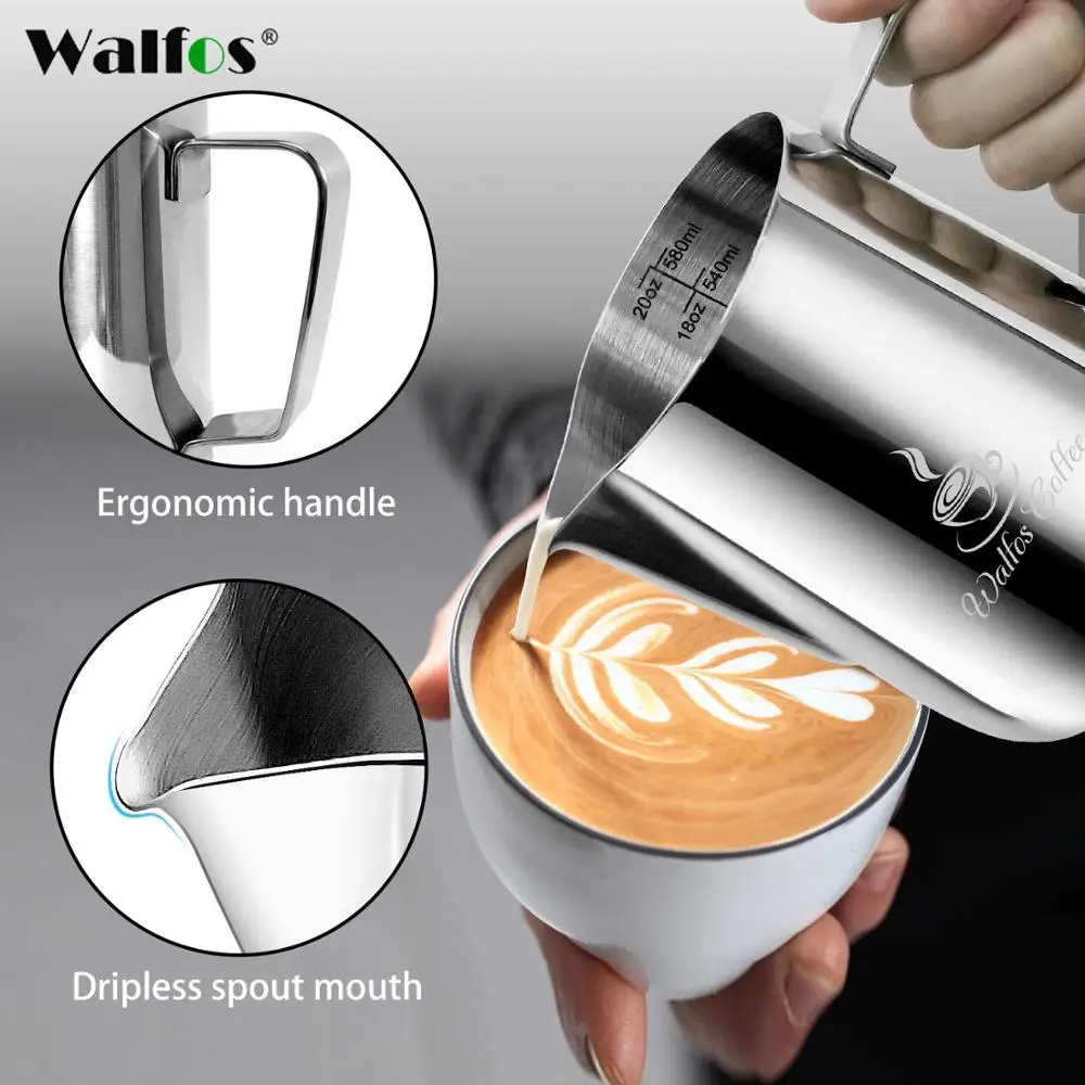 WALFOS Style Espresso Coffee Milk Mugs Cup Pots Jug Handle Craft Coffee Garland Cup Latte Jug Thickened Stainless Steel