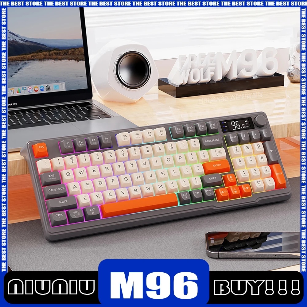 Freewolf M96 Mechanical Keyboard Wireless Bluetooth Dual Mode Gaming Keyboard PBT KeyCap with Knob RGB Ergonomic Pc Gamer Gifts