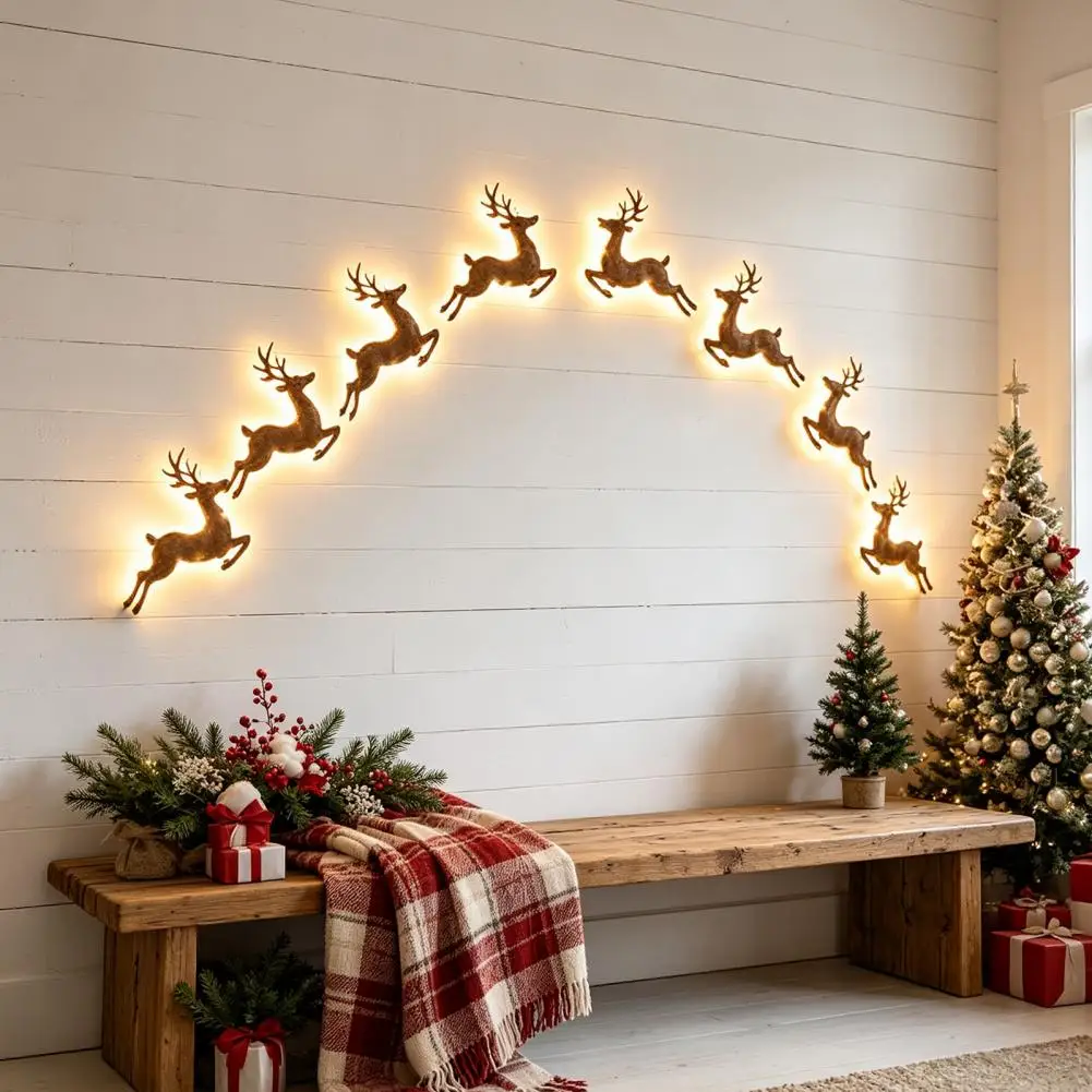 12 Pcs LED Reindeer Wall Decoration Christmas Glow Silhouette Lights 3D Light-Up Wooden Reindeer Peel And Stick Wall Art