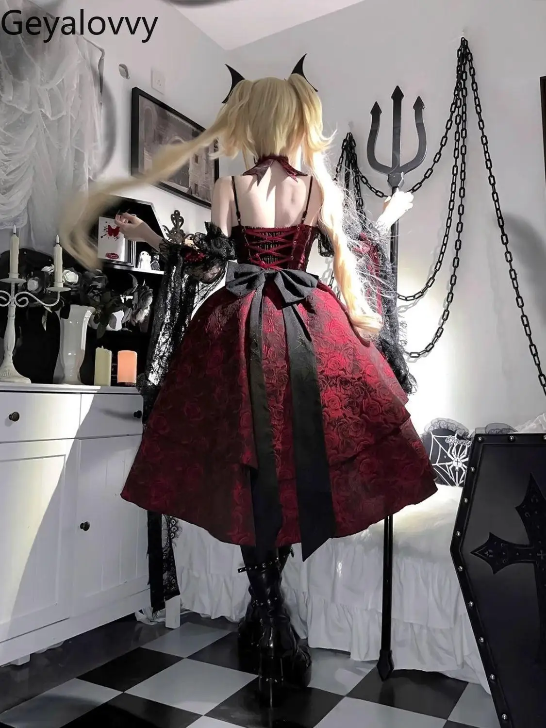 JSK ロリータリボンレースレースアップドレス袖付き夏日本ゴシック黒赤