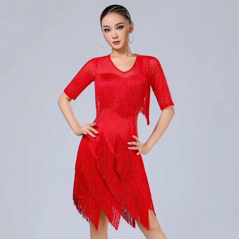 Trajes de baile latino de rendimiento, vestido Sexy de gama alta con borlas, traje de práctica profesional de Tango Samba Chacha para mujer adulta