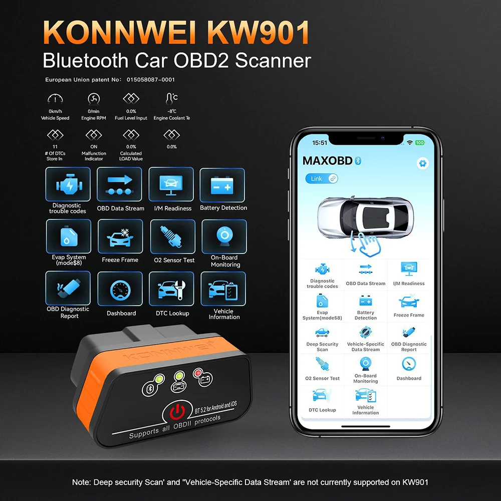 KONNWEI KW901 OBD II adapter ELM327 V1.5 Blue-tooth 4.0 5.0 Car Auto OBD2 Scanner Android/IOS Car Diagnostic Tool Code Reader.