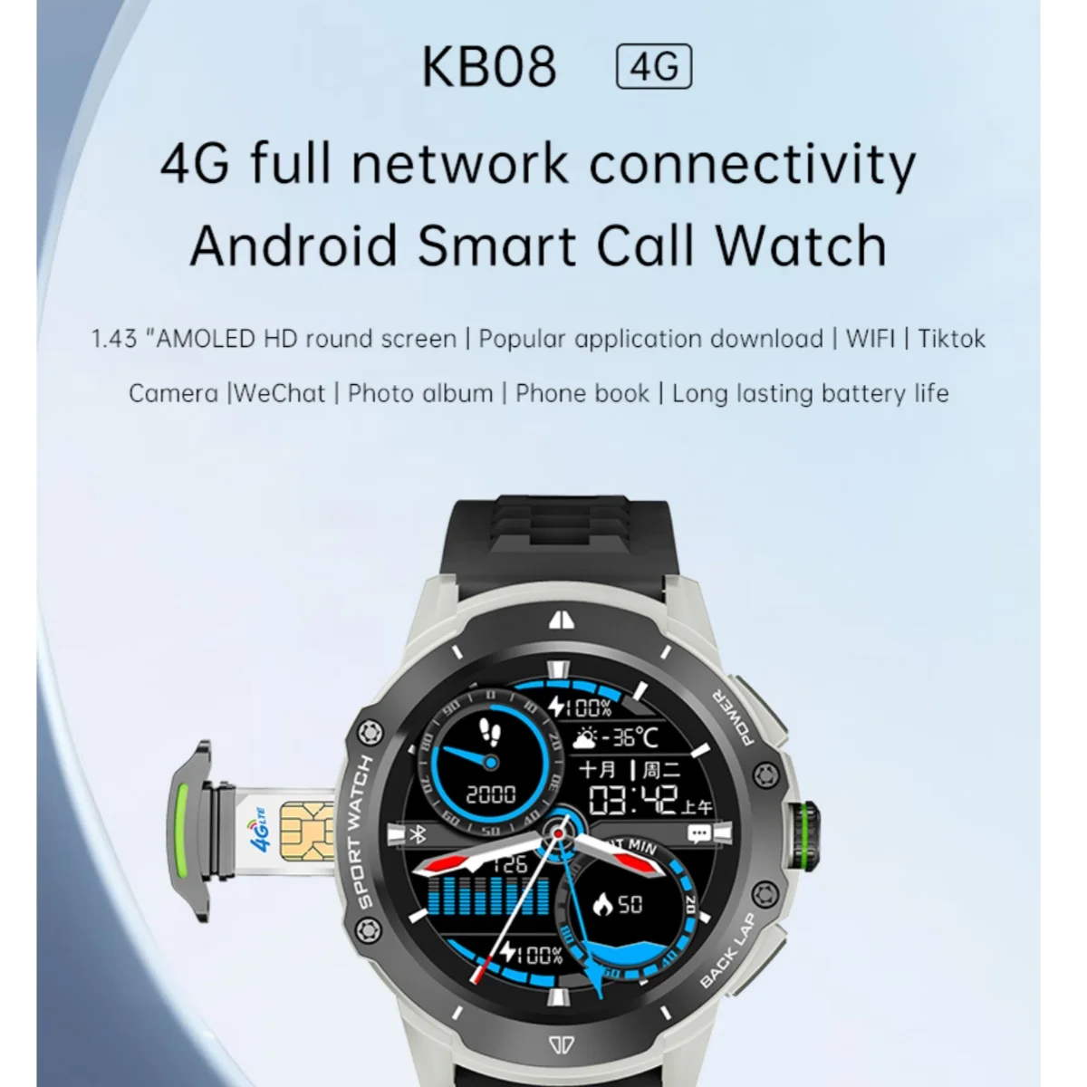 128GB Smart Watch 4G Network SIM Card 1.43\'\'AMOLED 200W Camera With GPS Wifi Google Play 466*466 Screen Android Smartwatch