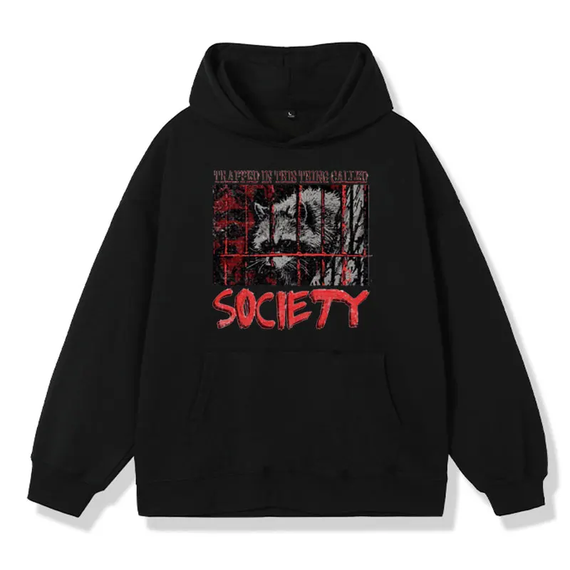 

Society Raccoon Hoodie Raccoon Weird InThe Detention Cage Japanese Weird Funny Print Sweatshirt Men Women Casual Harajuku Jumper