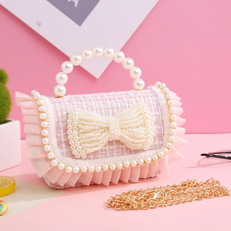 Mini pochette en dentelle pour enfants, sacs à bandoulière pour filles, nœud de perle, porte-monnaie mignon, sac à main Kawaii, sac à main de fête pour bébé, cadeau