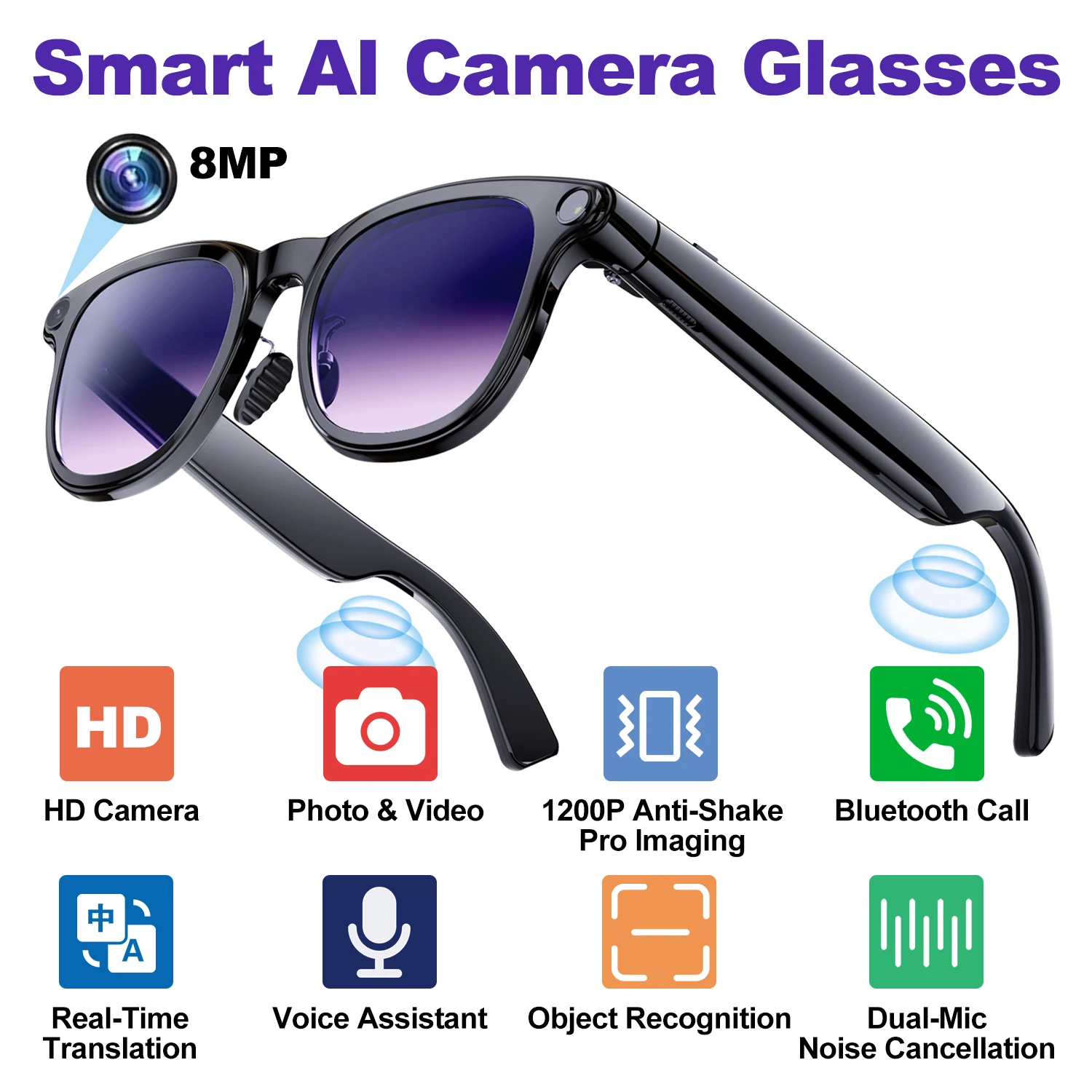 

AI Smart Glasses 8MP Camera Video Recording Real-time Translation Voice Assistant Bluetooth Call Music Player Smart Glasses New
