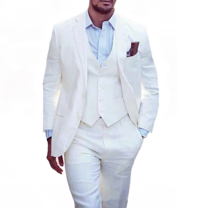 Neue Strand Leinen Männer Anzüge 2025 Sommer 3 Stück Slim Fit Weiß Bräutigam Hochzeit Smoking Trauzeuge Formale Prom männlichen Anzug Kostüm Homme