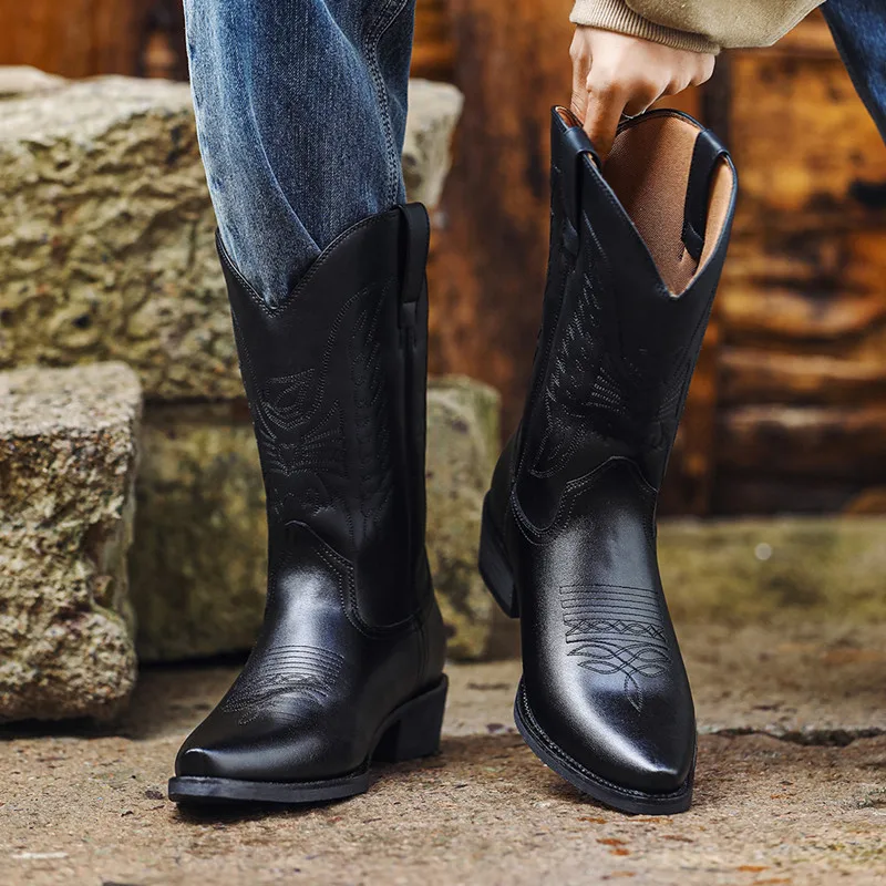 

Luxury Men Western Cowboy Boots Unisex Embroidered High Boots Retro Pointed Toe Platform Leather Shoes Slip on Men Mid-calf Boot