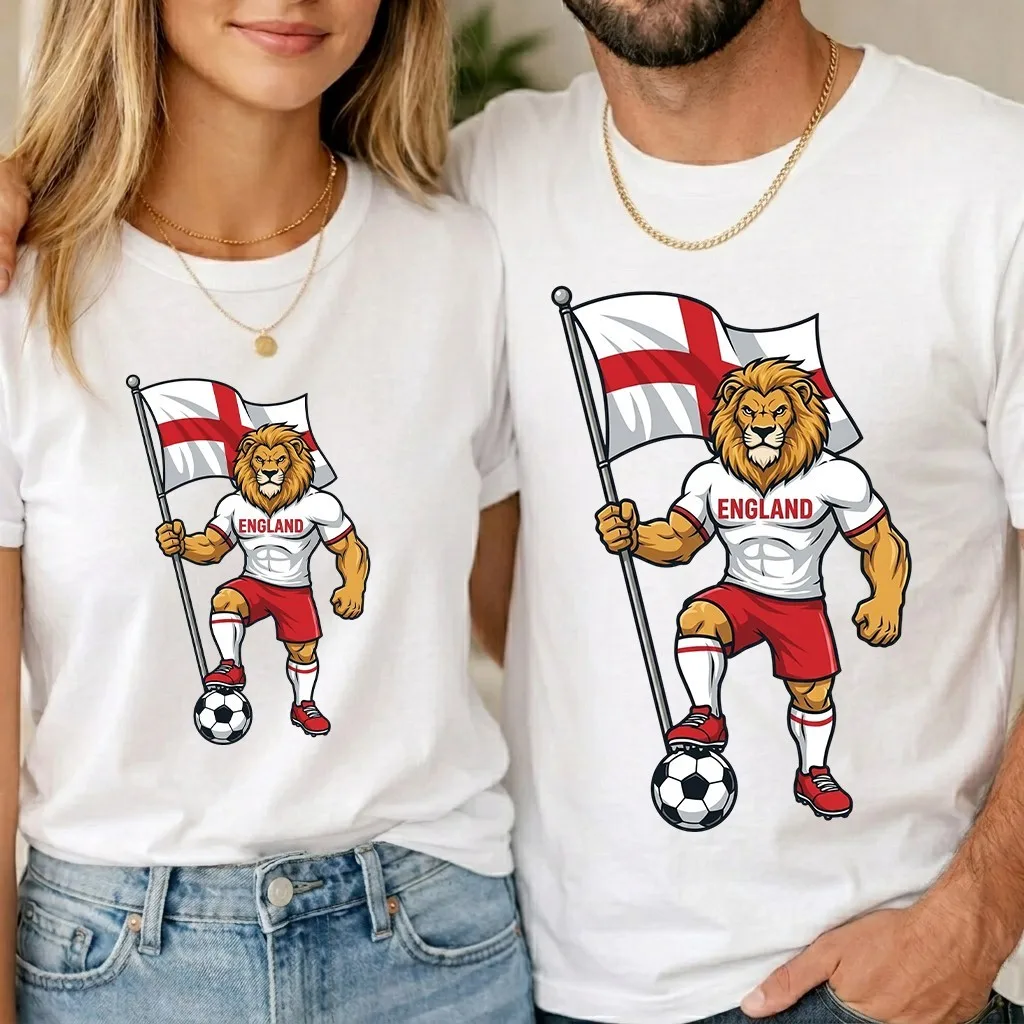 England Three Lions Soccer T‑Shirt Men Women Patriotic St George Flag Lion Mascot Football Fan Matching Couple Casual Tee Gift