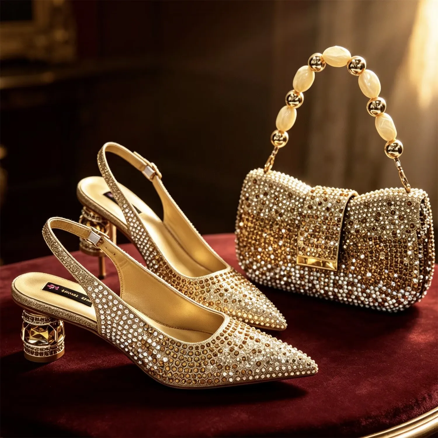 Vintage Elegant Violet Rhinestone Matching Shoes & Handbag Set, Crystal Pointed Toe Heel Bag Combo Perfect For Wedding Banquet,