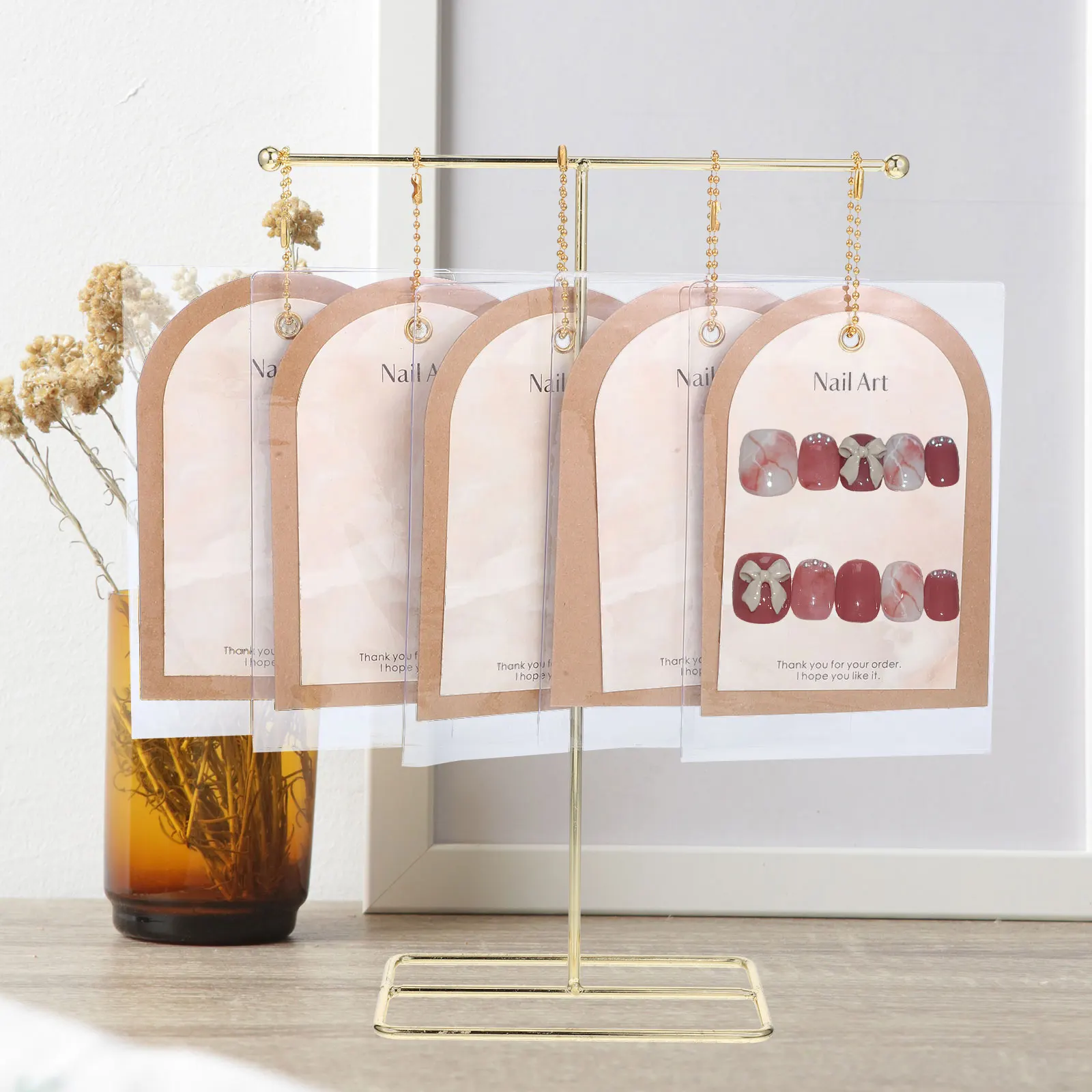 

1 set T Shape Fake Display Stand Organizer Golden Vintage Style Art Holder Durable Manicure Tool For Salon Nail Display Rack