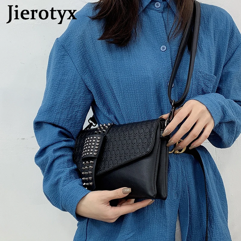 JIEROTYX – sacs à main en cuir noir pour femmes, Vintage, impression de crâne, sac à épaule à rabat, Punk Rivet, petits sacs de couverture pour