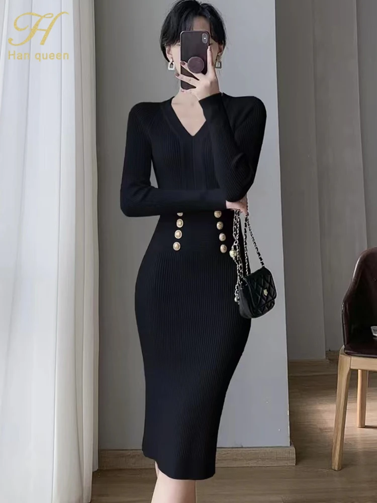 H Han Queen New Autumn Winter Thick Stretch Knitted Pencil Dresses Simple V-Neck Party Dress Fashion Buttons Bodycon Dress Women