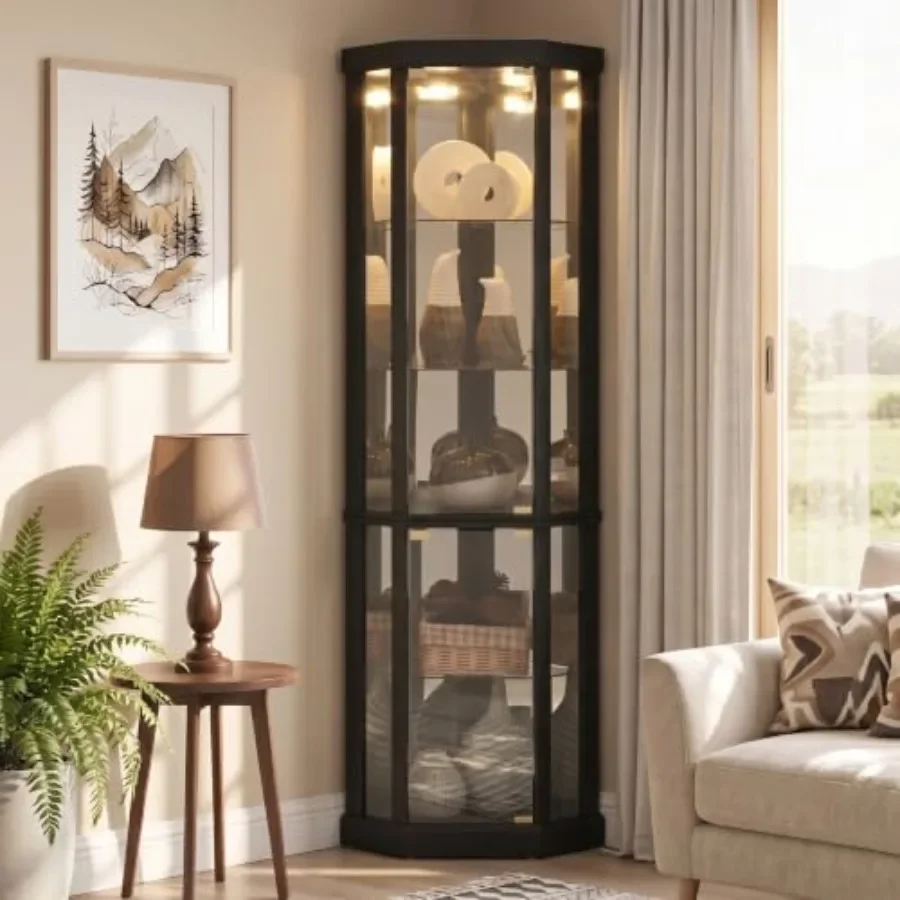 Corner curio cabinet for living room: lighted glass display cage, tempered glass doors, 5 adjustable shelves, light bulb includ