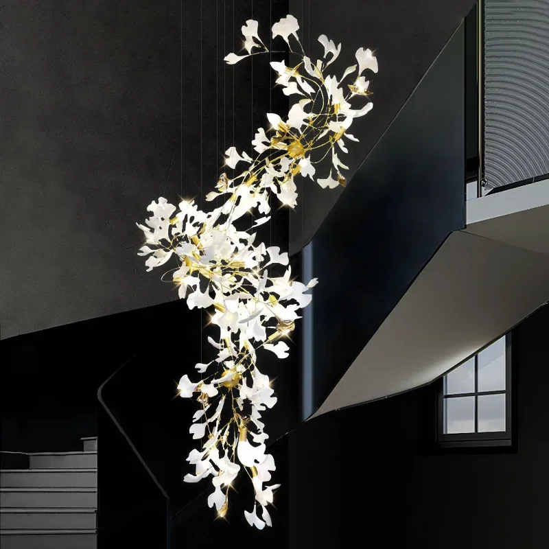 

Modern Ceramic Petal Chandelier Nordic Design Ginkgo Branch Leaves Copper Led Lighting Living Room Decoration