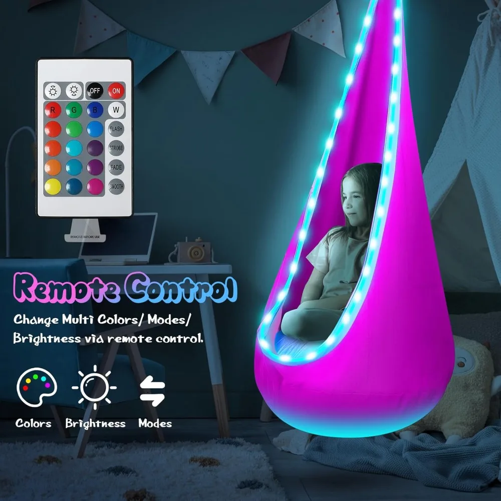 Light Up Kids Pod Swing Seat, Kids Hanging Hammock Swing with LED Lights, Sensory Pod Swing Chair with Inflatable Pillow