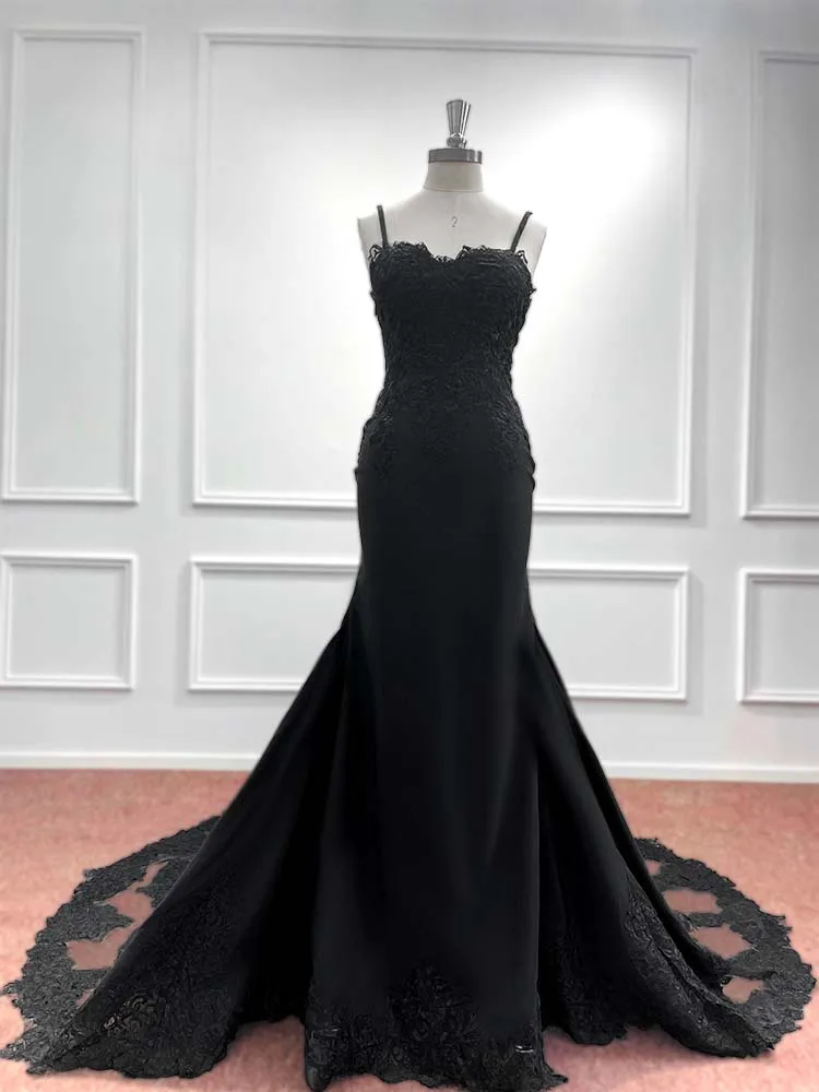 Vestidos de novia bohemios de sirena de encaje negro para mujer, elegantes vestidos de novia bohemios con tirantes finos y espalda descubierta, 2024