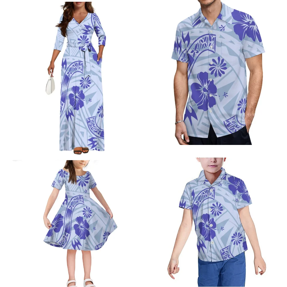 4 Polynesian Family Gathering Integrator Children Samoa Hibiscus Road Print Custom Set Mother Daughter Dress Father Son Shirt