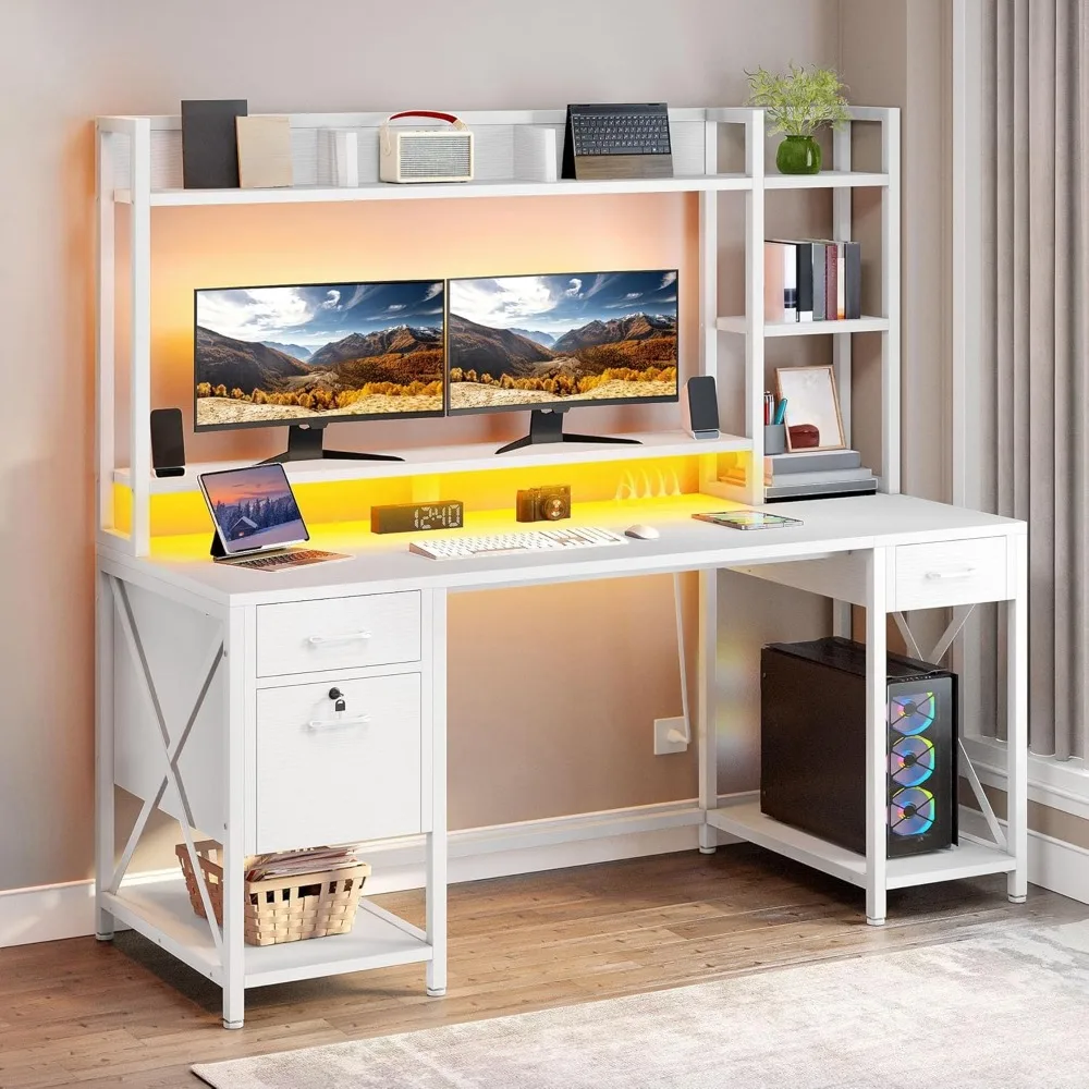 Desk with Drawers, Hutch, Power Outlets, and LED Lights for Home Office with Storage Shelves