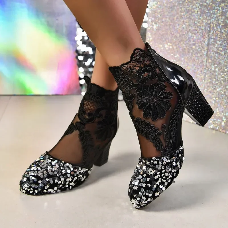 Scarpe alla moda per le donne stivali da donna con cerniera autunno punta a punta paillettes pizzo barile corto tacchi grossi stivali femminili di grandi dimensioni