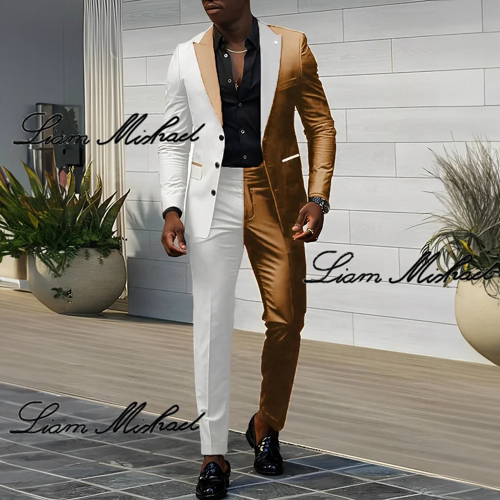 Color Block Men's Suit 2 Piece Wedding Groom Tuxedo 3 Button Jacket Pants Fashion Design Men's Elegant Suit